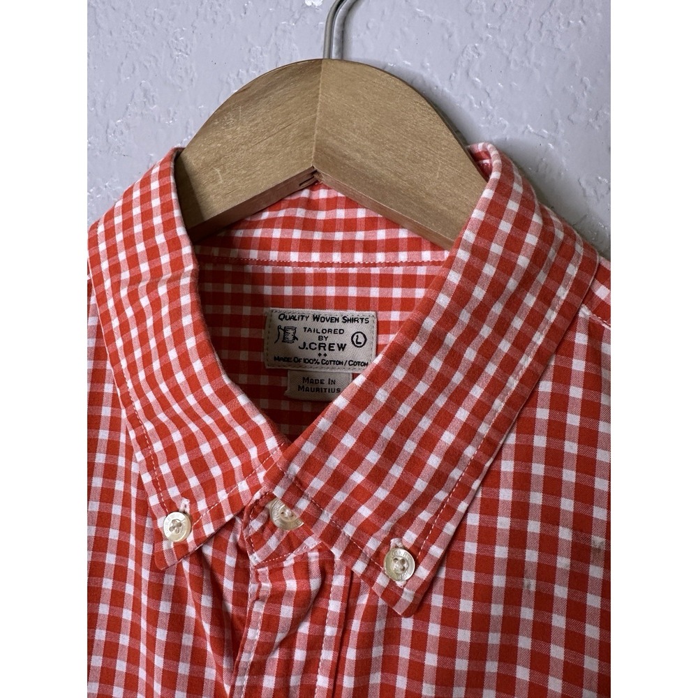 J Crew Men Large Orange Check Gingham Button Long Sleeve Casual All Cotton Shirt